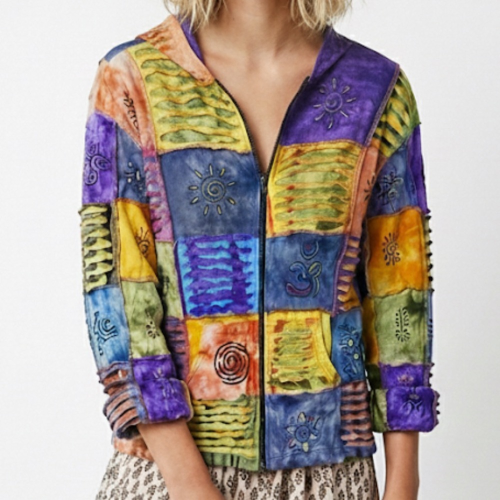 RISING INTERNATIONAL XL Colorful Patchwork Hoodie Full Zip Sweatshirt Jacket